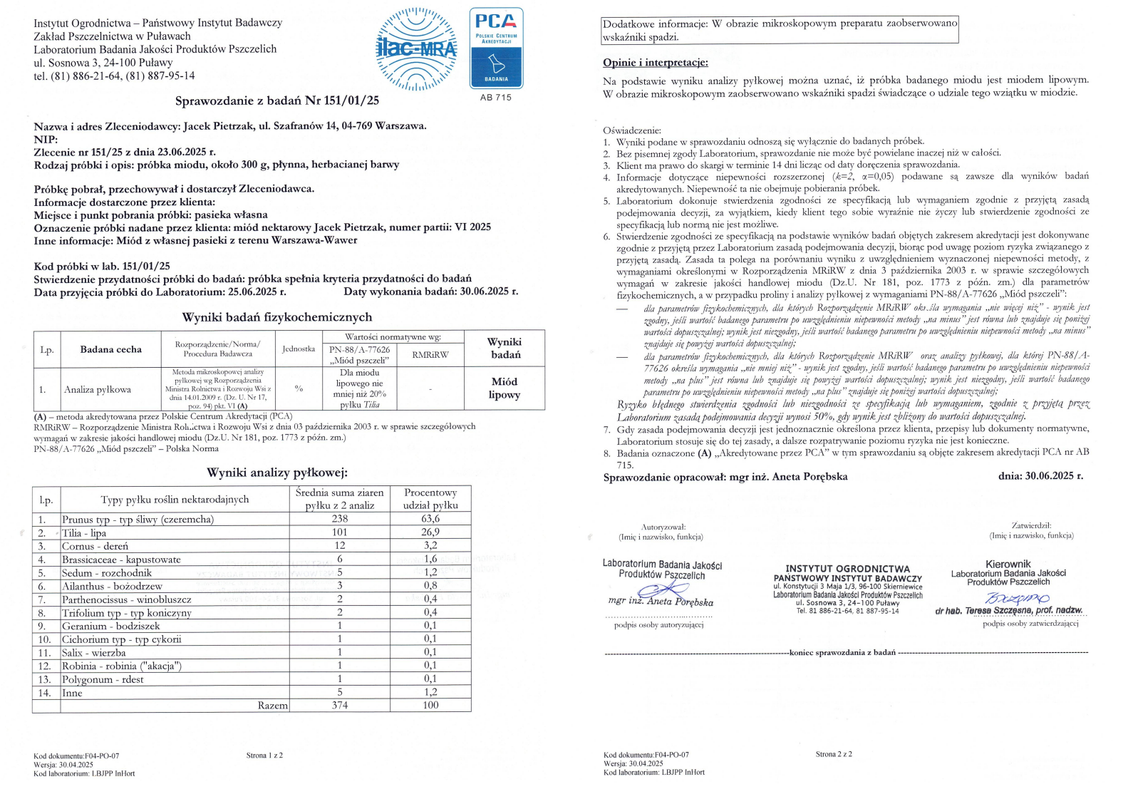 Wynik badania miodu 1